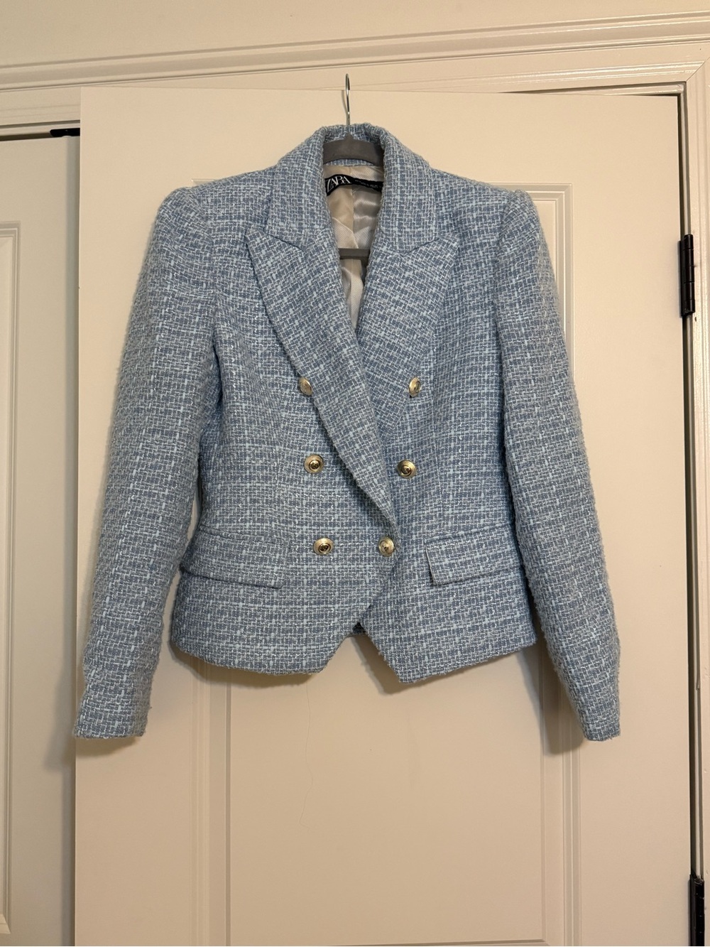 Zara Light Blue Tweed Double-Breasted Blazer with Gold Buttons